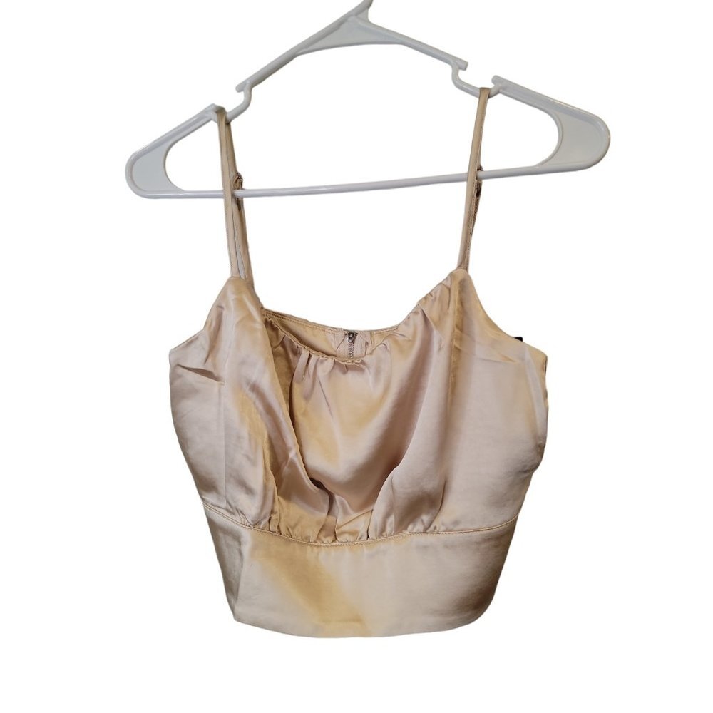 Lulus Size Medium Womens Tank Crop Top Luxe'd Out Tan Satiny Blouse NWT